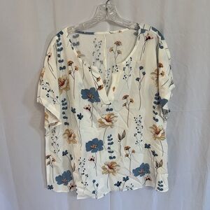 SHEIN Floral V-Neck Blouse - White and Blue